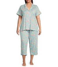 Lauren Ralph Lauren Plus Size Blue Floral Short Sleeve Notch Collar Knit Cropped Pajama Set