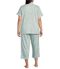 Lauren Ralph Lauren Plus Size Blue Floral Short Sleeve Notch Collar Knit Cropped Pajama Set