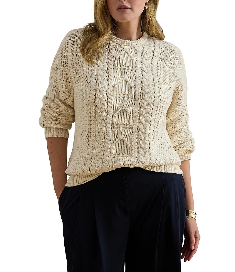 Lauren Ralph Lauren Plus Size Cable-Knit Cotton Equestrian Novelty Stitching Crew Neck Long Sleeve Sweater
