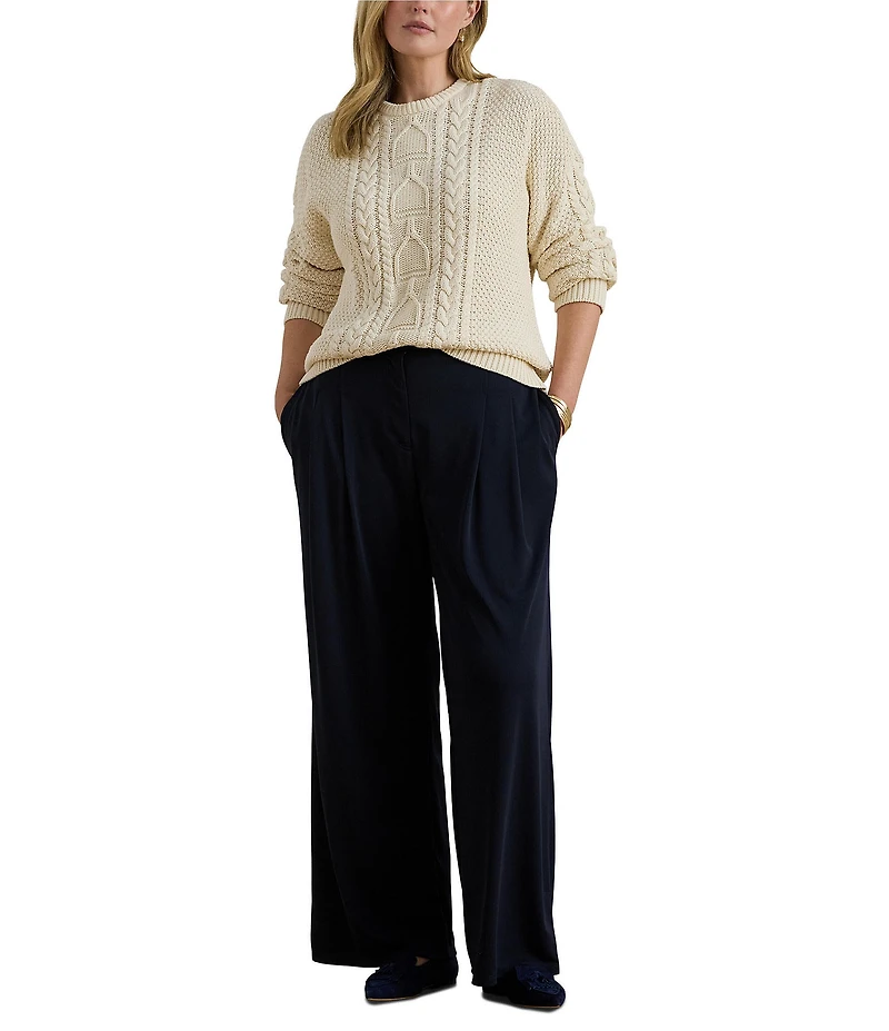 Lauren Ralph Lauren Plus Size Cable-Knit Cotton Equestrian Novelty Stitching Crew Neck Long Sleeve Sweater
