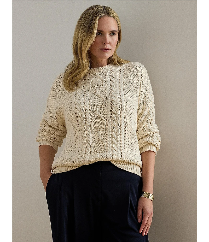 Lauren Ralph Lauren Plus Size Cable-Knit Cotton Equestrian Novelty Stitching Crew Neck Long Sleeve Sweater