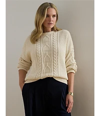 Lauren Ralph Lauren Plus Size Cable-Knit Cotton Equestrian Novelty Stitching Crew Neck Long Sleeve Sweater