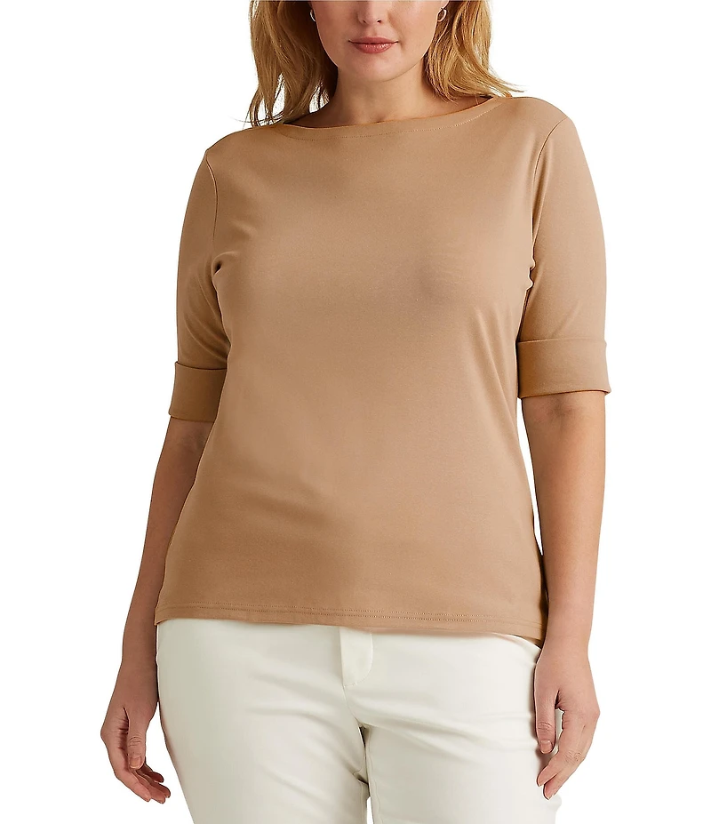 Lauren Ralph Lauren Plus Size Camel Stretch-Infuse Cotton Boat Neck Tee
