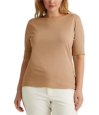 Lauren Ralph Lauren Plus Size Camel Stretch-Infuse Cotton Boat Neck Tee