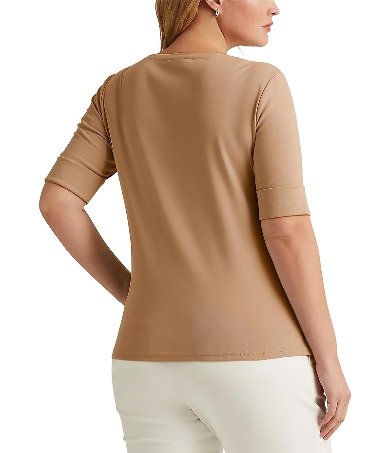 Lauren Ralph Lauren Plus Size Camel Stretch-Infuse Cotton Boat Neck Tee