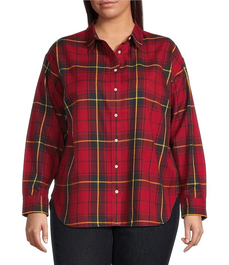 Lauren Ralph Lauren Plus Size Checked Plaid Point Collar Long Sleeve Button-Front Shirt