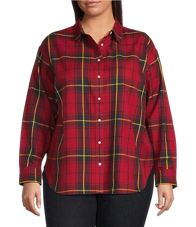 Lauren Ralph Lauren Plus Size Checked Plaid Point Collar Long Sleeve Button-Front Shirt