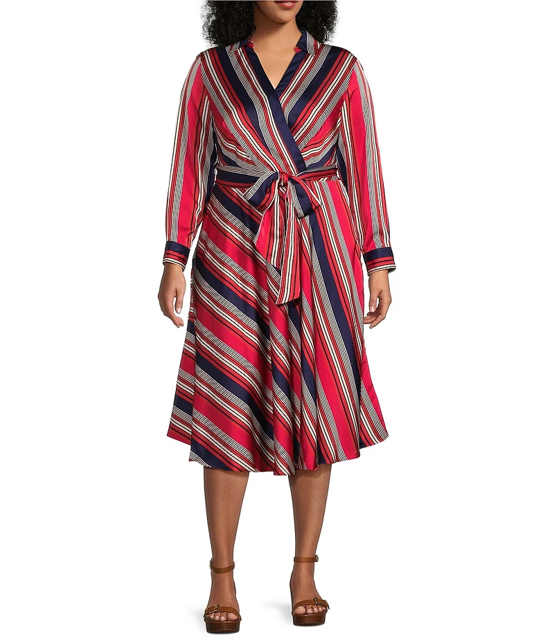 Lauren Ralph Lauren Plus Size Collared Surplice Neck Long Sleeve Tie Sash A Line Midi Dress