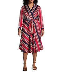 Lauren Ralph Lauren Plus Size Collared Surplice Neck Long Sleeve Tie Sash A Line Midi Dress