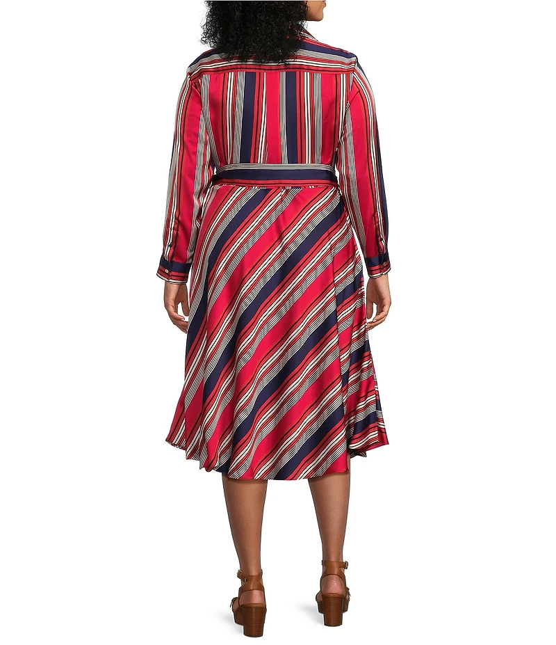 Lauren Ralph Lauren Plus Size Collared Surplice Neck Long Sleeve Tie Sash A Line Midi Dress