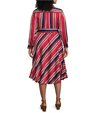 Lauren Ralph Lauren Plus Size Collared Surplice Neck Long Sleeve Tie Sash A Line Midi Dress