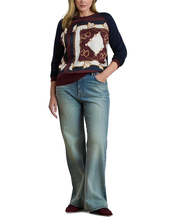 Lauren Ralph Lauren Plus Size Cotton Blend Equestrian Print Crew Neck Long Sleeve Sweater