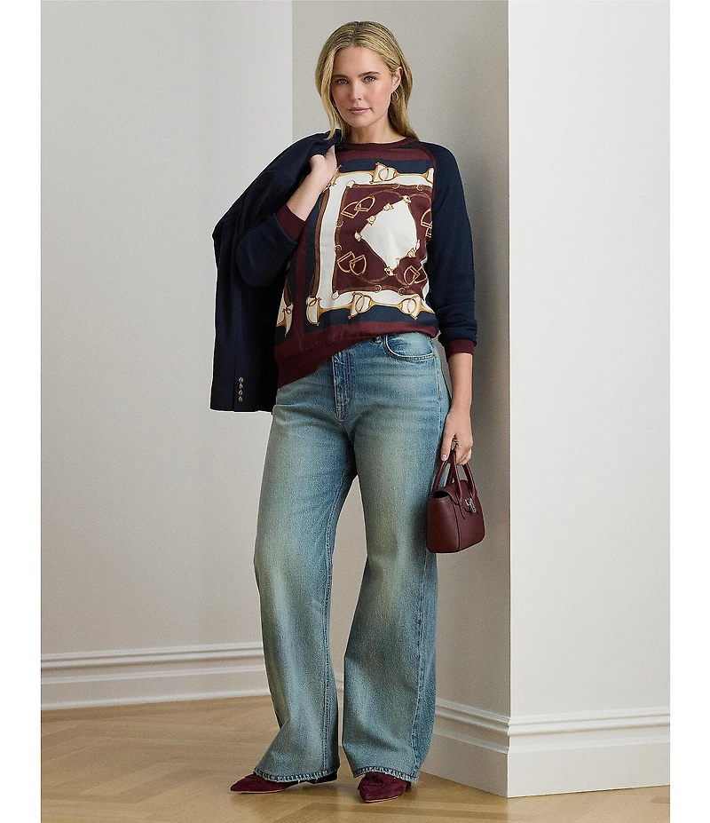 Lauren Ralph Lauren Plus Size Cotton Blend Equestrian Print Crew Neck Long Sleeve Sweater