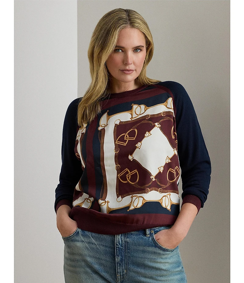 Lauren Ralph Lauren Plus Size Cotton Blend Equestrian Print Crew Neck Long Sleeve Sweater