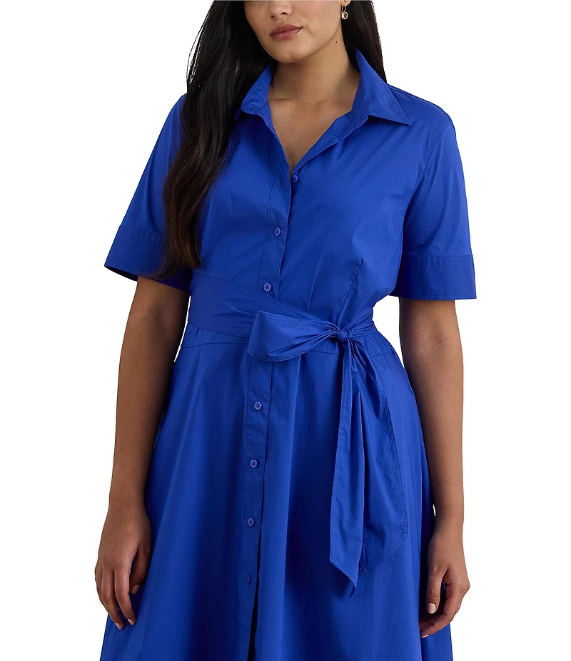 Lauren Ralph Lauren Plus Size Cotton-Blend Point Collar Elbow Sleeve Belted Shirtdress