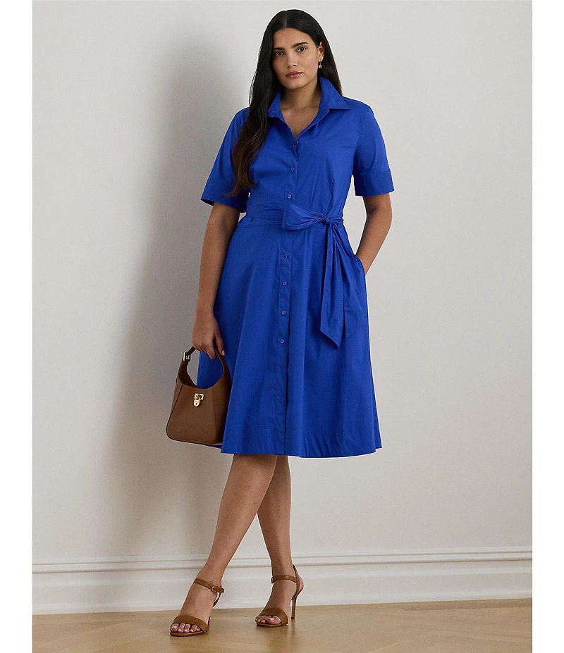 Lauren Ralph Lauren Plus Size Cotton-Blend Point Collar Elbow Sleeve Belted Shirtdress