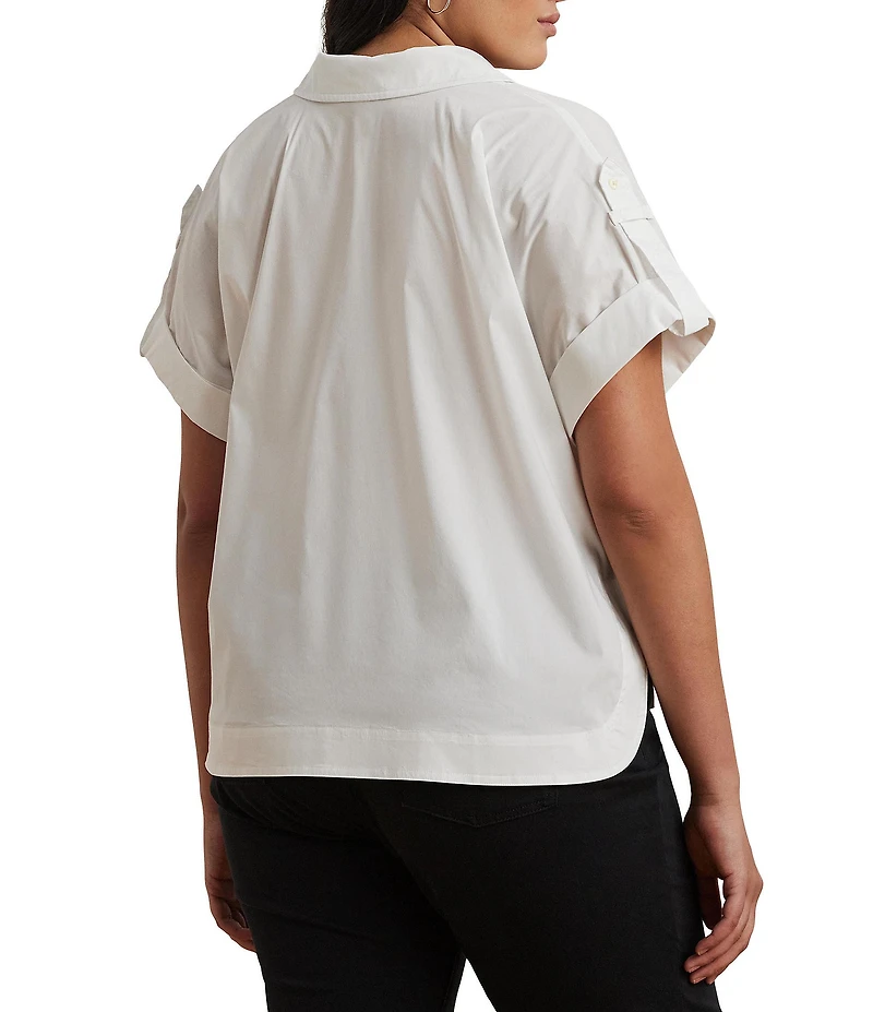 Lauren Ralph Lauren Plus Size Cotton Blend Point Collar Short Roll-Tab Sleeve Hi-Low Hem Camp Shirt