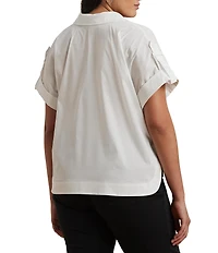 Lauren Ralph Lauren Plus Size Cotton Blend Point Collar Short Roll-Tab Sleeve Hi-Low Hem Camp Shirt