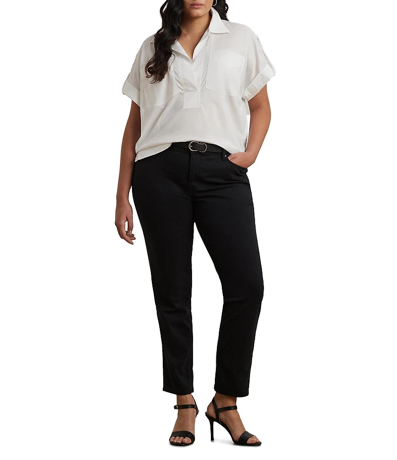 Lauren Ralph Lauren Plus Size Cotton Blend Point Collar Short Roll-Tab Sleeve Hi-Low Hem Camp Shirt