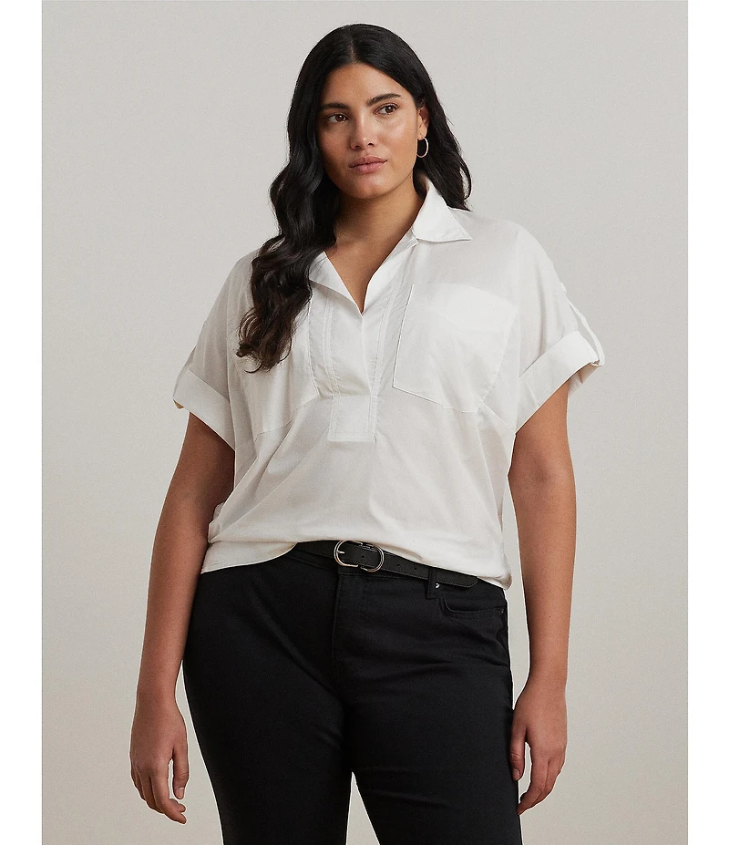 Lauren Ralph Lauren Plus Size Cotton Blend Point Collar Short Roll-Tab Sleeve Hi-Low Hem Camp Shirt