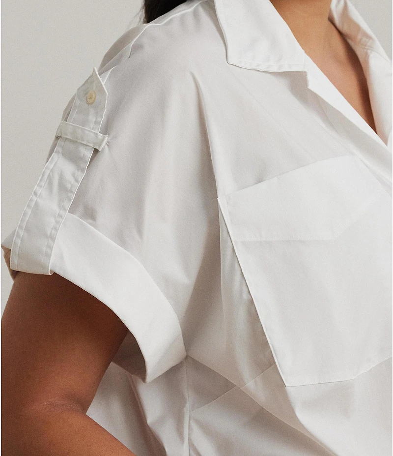 Lauren Ralph Lauren Plus Size Cotton Blend Point Collar Short Roll-Tab Sleeve Hi-Low Hem Camp Shirt