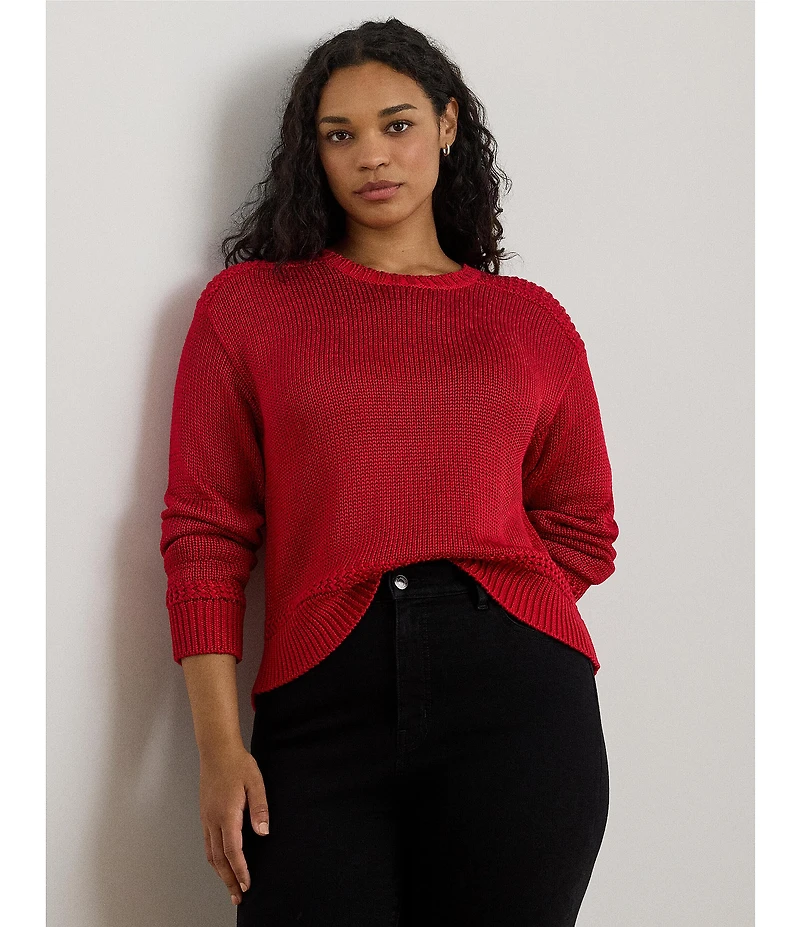 Lauren Ralph Lauren Plus Size Cotton Blend Ribbed Crew Neck Long Sleeve Sweater