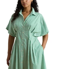 Lauren Ralph Lauren Plus Size Cotton Broadcloth Stripe Point Collar Short Sleeve Pleated Midi Shirtdress