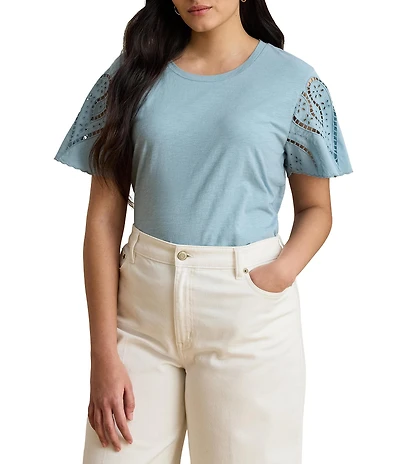 Lauren Ralph Lauren Plus Size Cotton Jersey Crew Neck Short Eyelet Sleeve Top