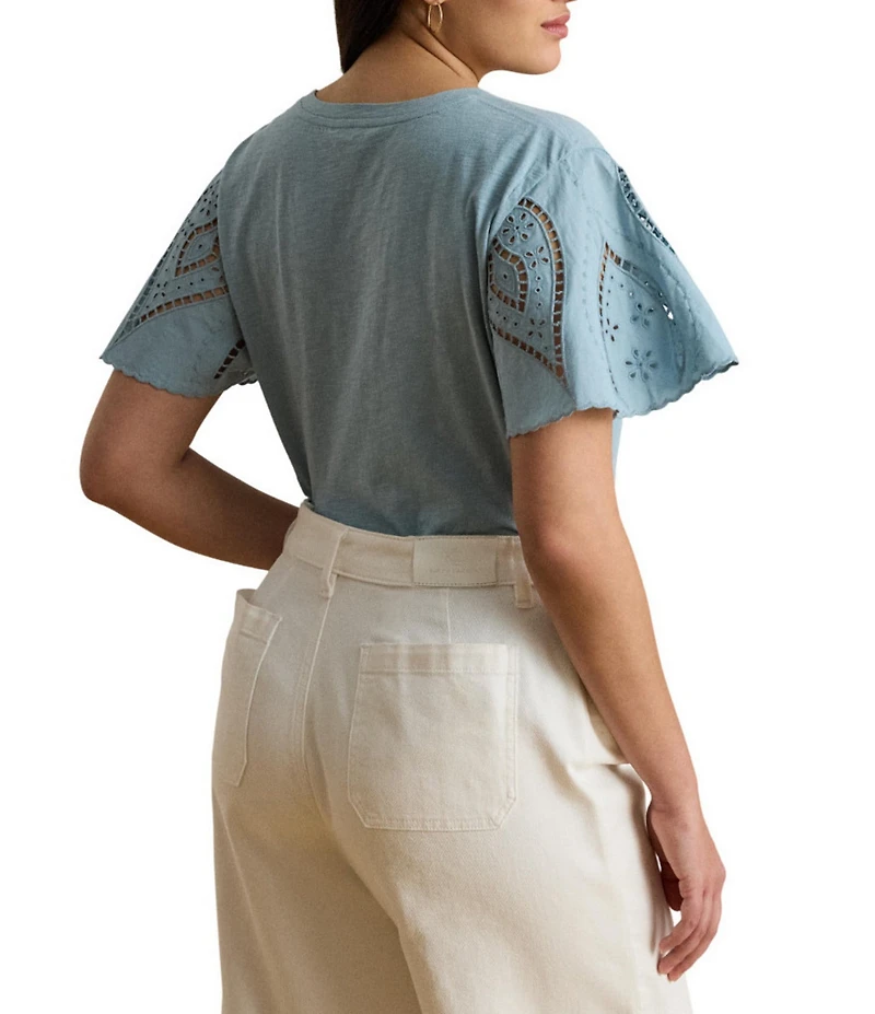Lauren Ralph Lauren Plus Size Cotton Jersey Crew Neck Short Eyelet Sleeve Top