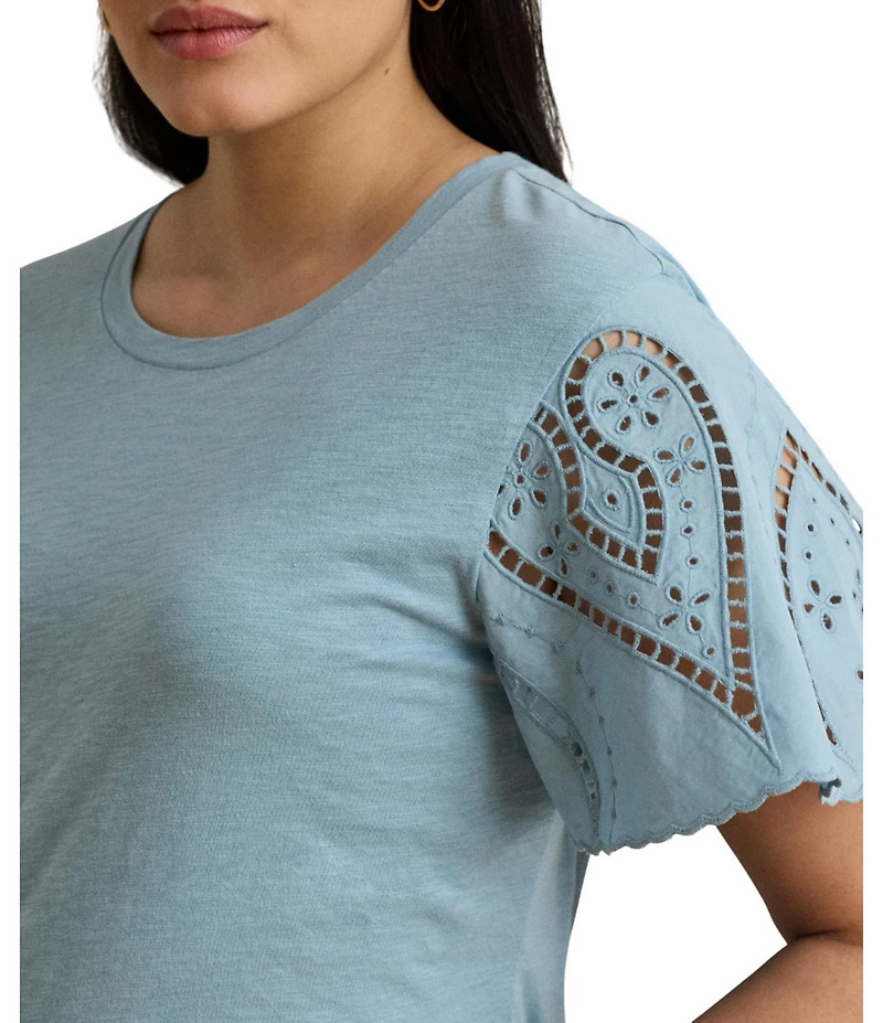 Lauren Ralph Lauren Plus Size Cotton Jersey Crew Neck Short Eyelet Sleeve Top