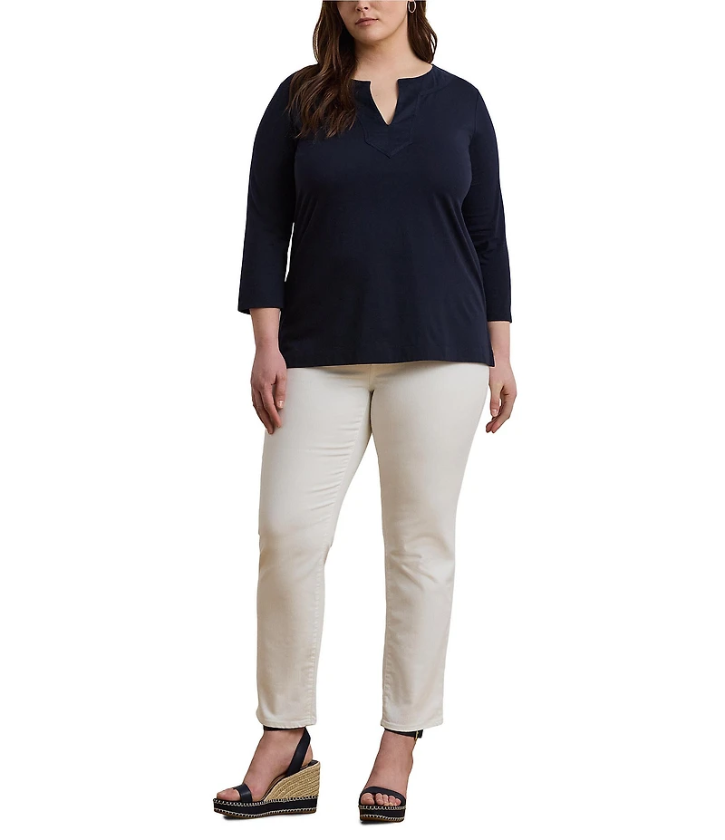 Lauren Ralph Lauren Plus Size Cotton Jersey Split V-Neck 3/4 Sleeve Shirt