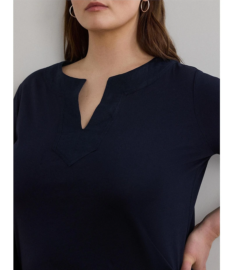 Lauren Ralph Lauren Plus Size Cotton Jersey Split V-Neck 3/4 Sleeve Shirt