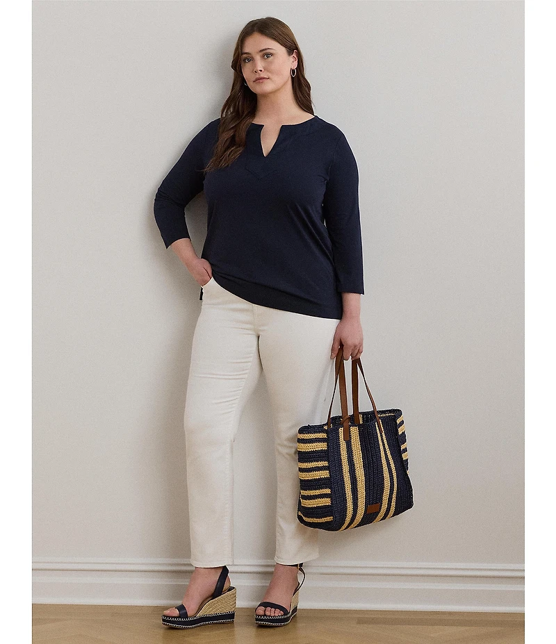 Lauren Ralph Lauren Plus Size Cotton Jersey Split V-Neck 3/4 Sleeve Shirt
