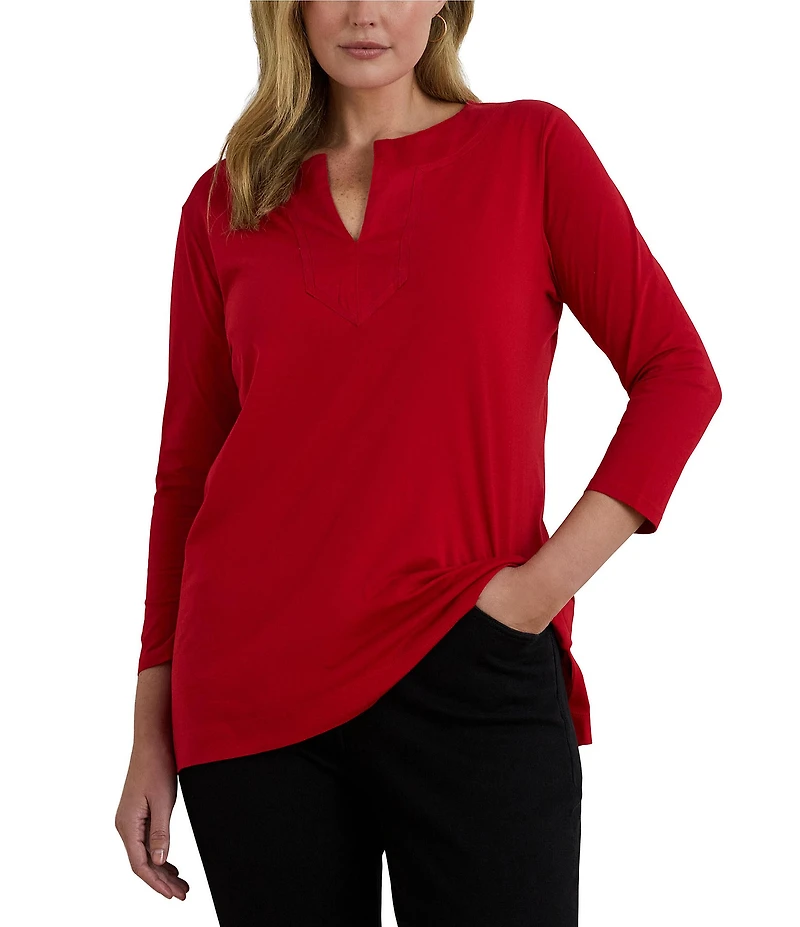 Lauren Ralph Lauren Plus Size Cotton Jersey Split V-Neck 3/4 Sleeve Tunic