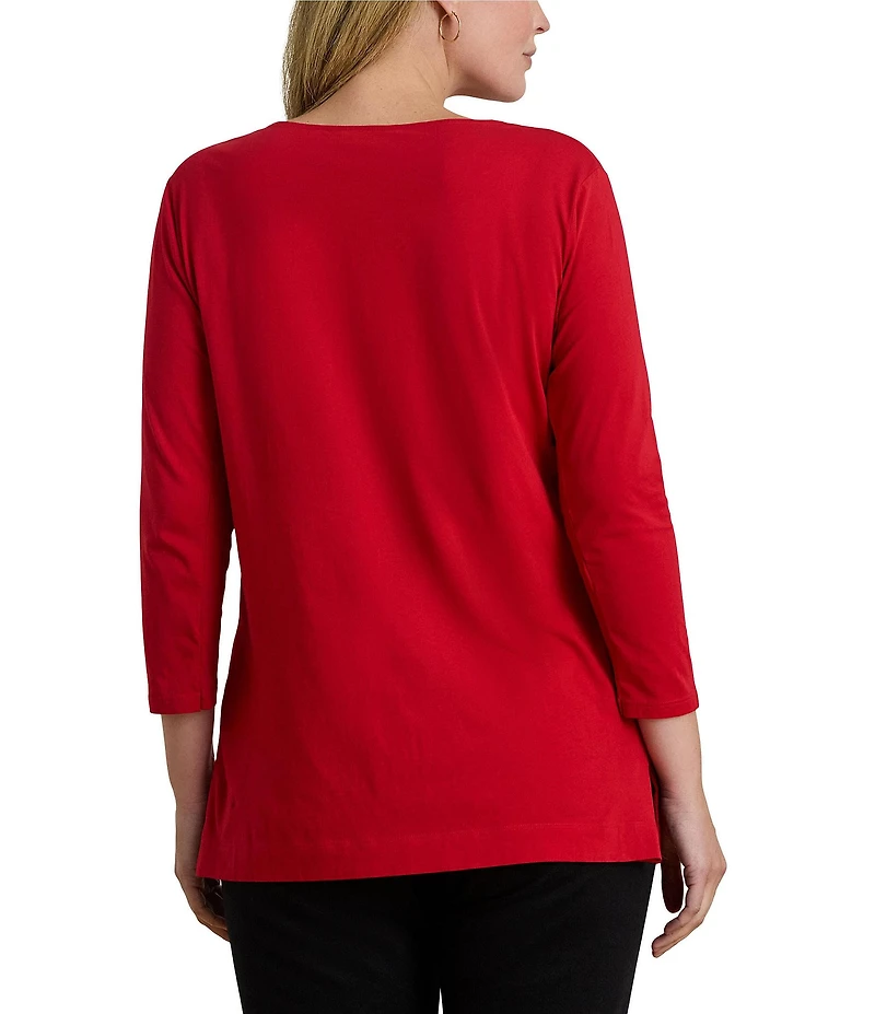 Lauren Ralph Lauren Plus Size Cotton Jersey Split V-Neck 3/4 Sleeve Tunic