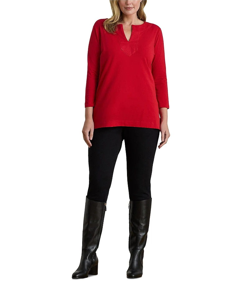 Lauren Ralph Lauren Plus Size Cotton Jersey Split V-Neck 3/4 Sleeve Tunic