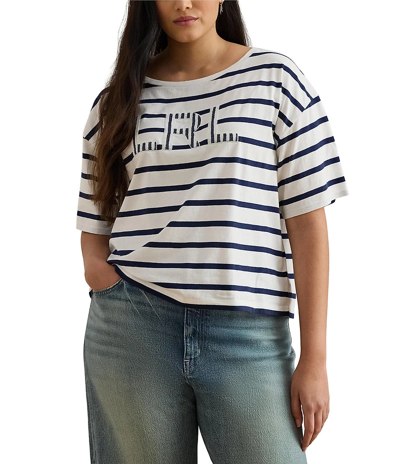 Lauren Ralph Lauren Plus Size Cotton Jersey Stripe Beaded Logo T-Shirt