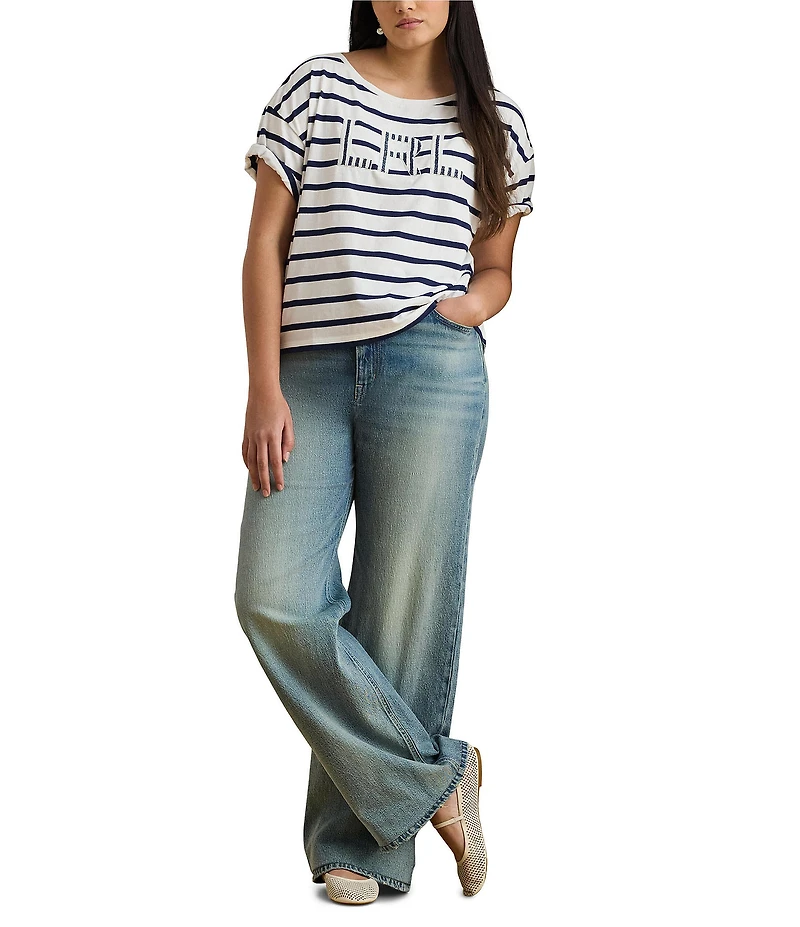 Lauren Ralph Lauren Plus Size Cotton Jersey Stripe Beaded Logo T-Shirt