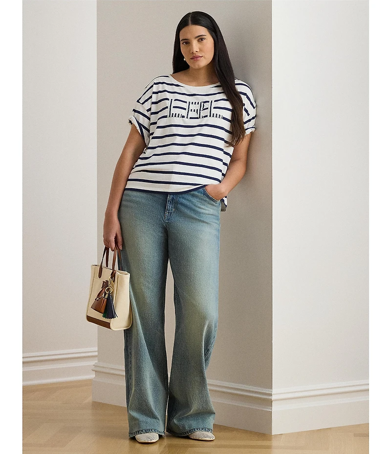 Lauren Ralph Lauren Plus Size Cotton Jersey Stripe Beaded Logo T-Shirt