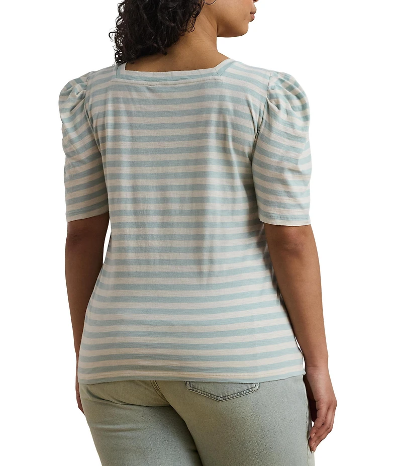 Lauren Ralph Lauren Plus Size Cotton Jersey Striped Square Neck Short Puff Sleeve Top