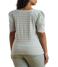 Lauren Ralph Lauren Plus Size Cotton Jersey Striped Square Neck Short Puff Sleeve Top