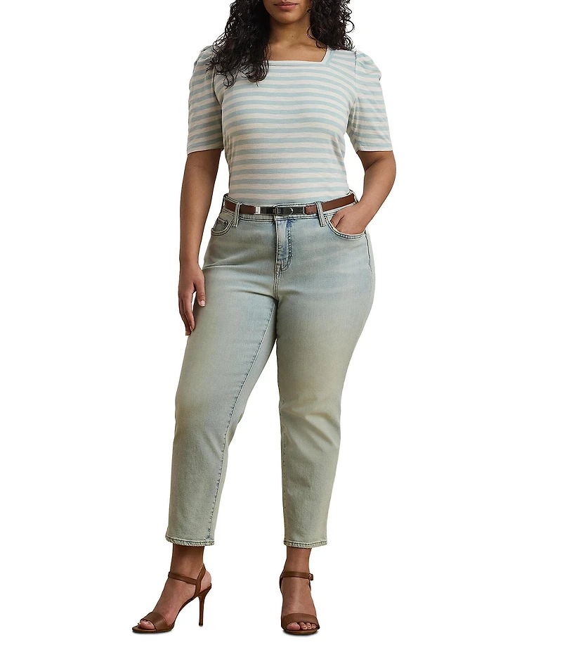Lauren Ralph Lauren Plus Size Cotton Jersey Striped Square Neck Short Puff Sleeve Top