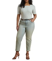 Lauren Ralph Lauren Plus Size Cotton Jersey Striped Square Neck Short Puff Sleeve Top