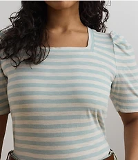 Lauren Ralph Lauren Plus Size Cotton Jersey Striped Square Neck Short Puff Sleeve Top