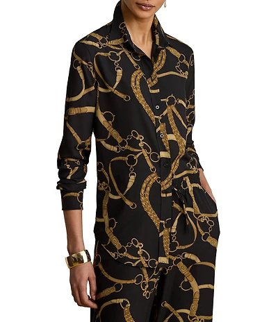 Lauren Ralph Lauren Plus Size Crepe Belting Print Point Collar Long Sleeve Coordinating Shirt
