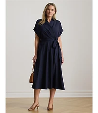 Lauren Ralph Lauren Plus Size Crepe de Chine Belted Midi Dress