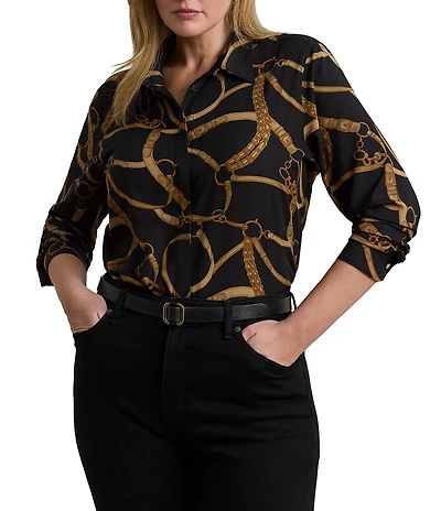 Lauren Ralph Lauren Plus Size Crepe de Chine Belting Print Point Collar Long Sleeve Button Front Shirt