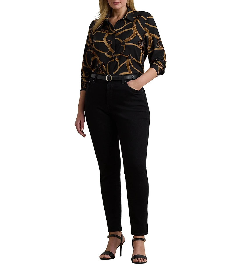Lauren Ralph Lauren Plus Size Crepe de Chine Belting Print Point Collar Long Sleeve Button Front Shirt