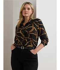 Lauren Ralph Lauren Plus Size Crepe de Chine Belting Print Point Collar Long Sleeve Button Front Shirt