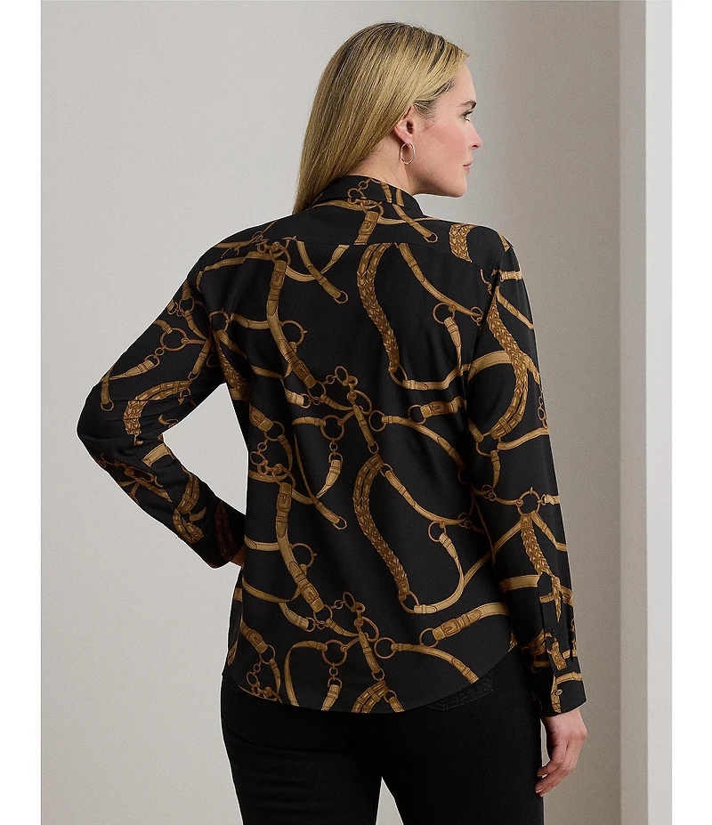 Lauren Ralph Lauren Plus Size Crepe de Chine Belting Print Point Collar Long Sleeve Button Front Shirt